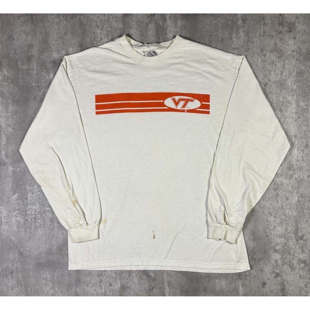 Vintage 90s Virginia Tech T Shirt White Long Sleeve Mens L Hanes College VT